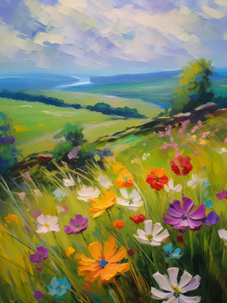 Wildflowers bloom vibrantly on the moor, adding bursts of color to the green expanse.