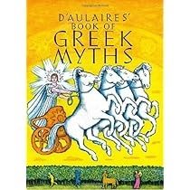 The Holy Grail of mythology books for kids: "D'Aulaires' Book of Greek Myths", a big golden hardcover with a man in white riding in a golden chariot driven by four white flying horses.