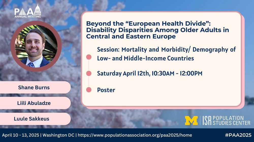 
Session: Mortality and Morbidity/ Demography of Low- and Middle-Income Countries
Poster
Saturday April 12th, 10:30AM - 12:00PM
Shane Burns
Liili Abuladze
Beyond the “European Health Divide”: Disability Disparities Among Older Adults in Central and Eastern Europe
Luule Sakkeus