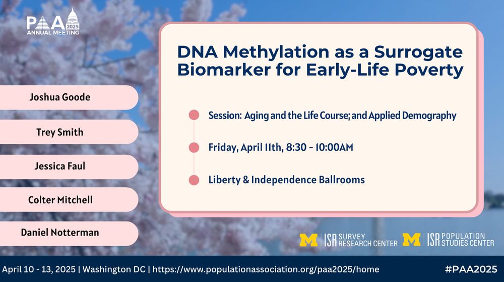 
Session:  Aging and the Life Course; and Applied Demography
Liberty & Independence Ballrooms
DNA Methylation as a Surrogate Biomarker for Early-Life Poverty
Friday, April 11th, 8:30 - 10:00AM
Colter Mitchell
Daniel Notterman
Joshua Goode
Trey Smith
Jessica Faul
