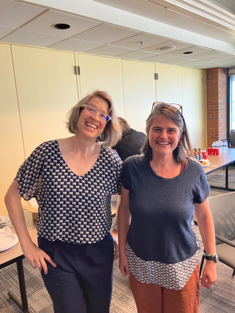 Sarah Burgard and Tevah Platt: coincidentally both wearing vintage blue shirts covered in white elephants.