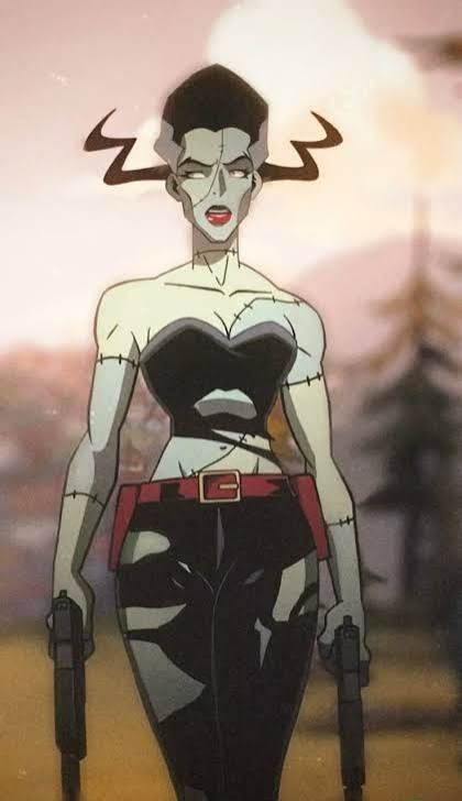 The Bride from Creature Commandos. Screenshot from when she's lost her coat and is holding two pistols