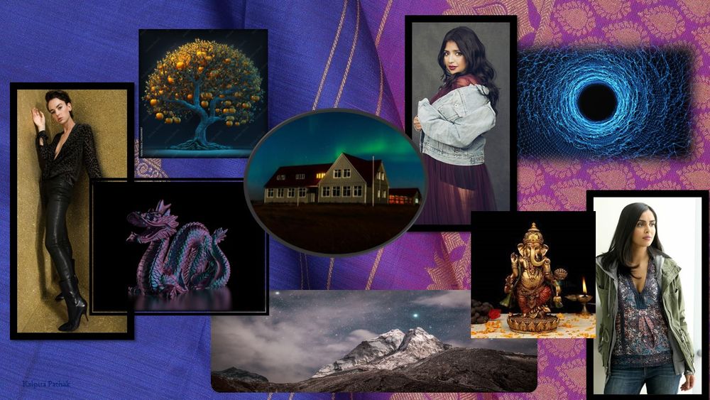 A blue, purple, and gold saree with a collage on top. From left to right: 1. Non-binary person with short hair in a corner of a gold room in all black - sweater, leather pants, and heeled boots 2. purple dragon 3. snowy Himalayan mountains under a starry sky 4. bronze Ganesh on a table with orange flowers & bronze candle 5. Indian woman with long black hair in green jacket, pink blue, & white shirt, and blue jeans 6. blue wormhole 7. Indian woman with wavy hair standing in denim jacket & long burgundy dress 8. old two-story schoolhouse under green Northern Lights 9. painting of tree with gold apples