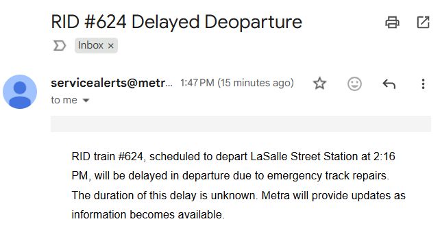 Email from Metra announcing a "Delayed Deoparture."