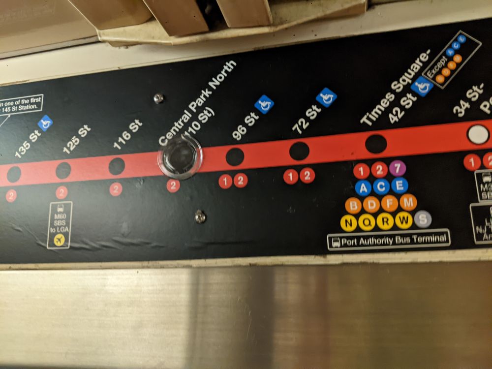 The 1, 2, 3 NYC subway route graphic as installed on a downtown 3 train car. Black dots on a red line represent stops on the route. One of the dots is a disguised surveillance camera. 