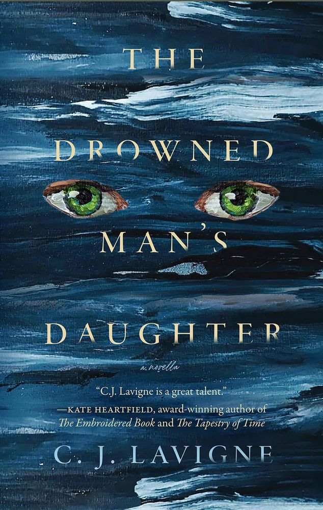 The cover for C. J. Lavigne's The Drowned Man's Daughter, with a pair of green eyes superimposed over a painted ocean. 