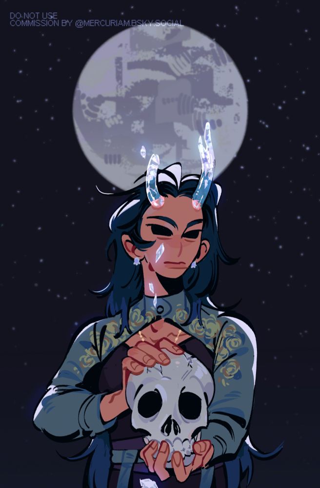 a half body, partially rendered commission for my friend vesperway. 

it's of a person with long dark green hair, crystal antlers, and pitch black eyes holding a skull under the moonlight. 

their right antler is broken and the shards are falling in front of their face like tears. the skull in their hands is cracking under their grip.