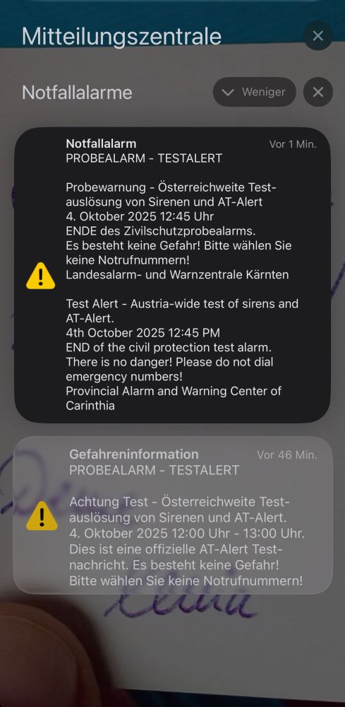 die Notfallmeldung anlässlich des Probealarmtages in Österreich, die auf meinem Smartphone angekommen ist