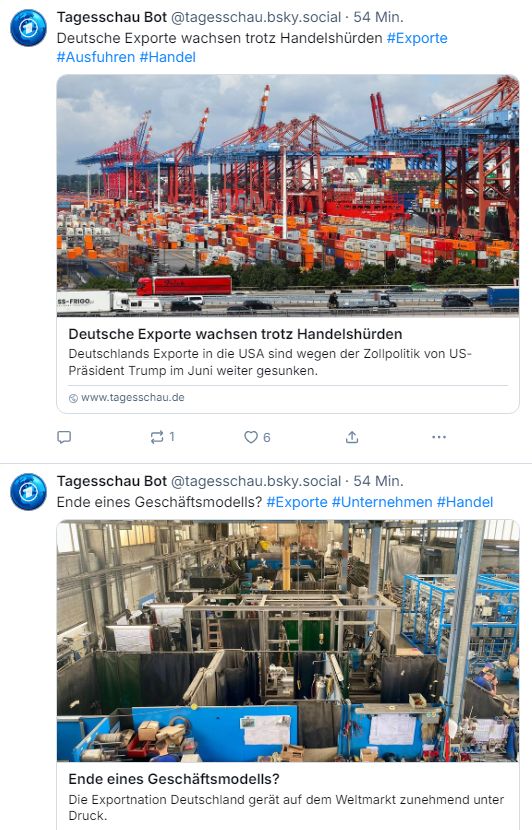 2 Skeets vom Tagesschaubot, direkt hintereinander, einmal sagt er das die Deutschen Exporte wachsen würden und einmal, ob das Exportmodell Deutschlands ein Auslaufmodell sei.