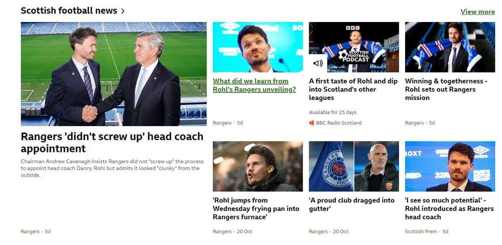 Screenbrab of the BBC Football section of the website, with each stories about Rangers.