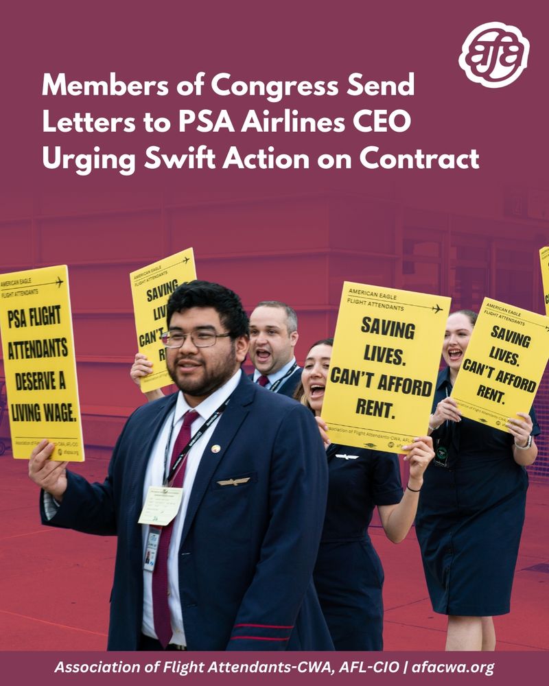 Members of Congress send letters to PSA Airlines CEO urging swift action on Contract. Photo of PSA Flight Attendants walking the picket line.