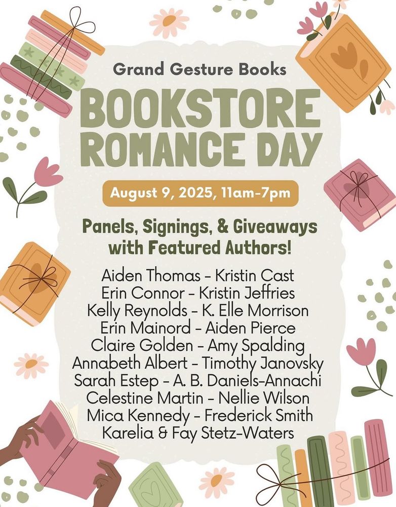 Grand gesture Books Bookstore Romance Day announcement, with names of authors participating in the events on Saturday, 8/9/25 in Portland, Oregon.