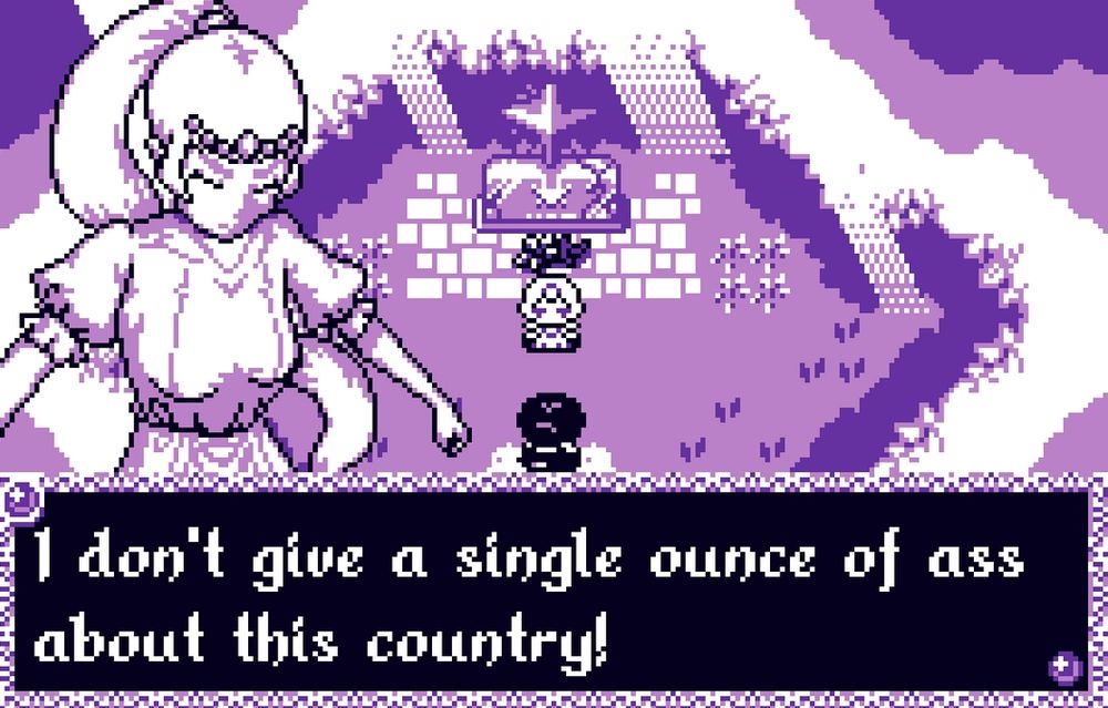 A picture of void stranger with the princess exclaiming "I dont give a single ounce of ass about this country!"