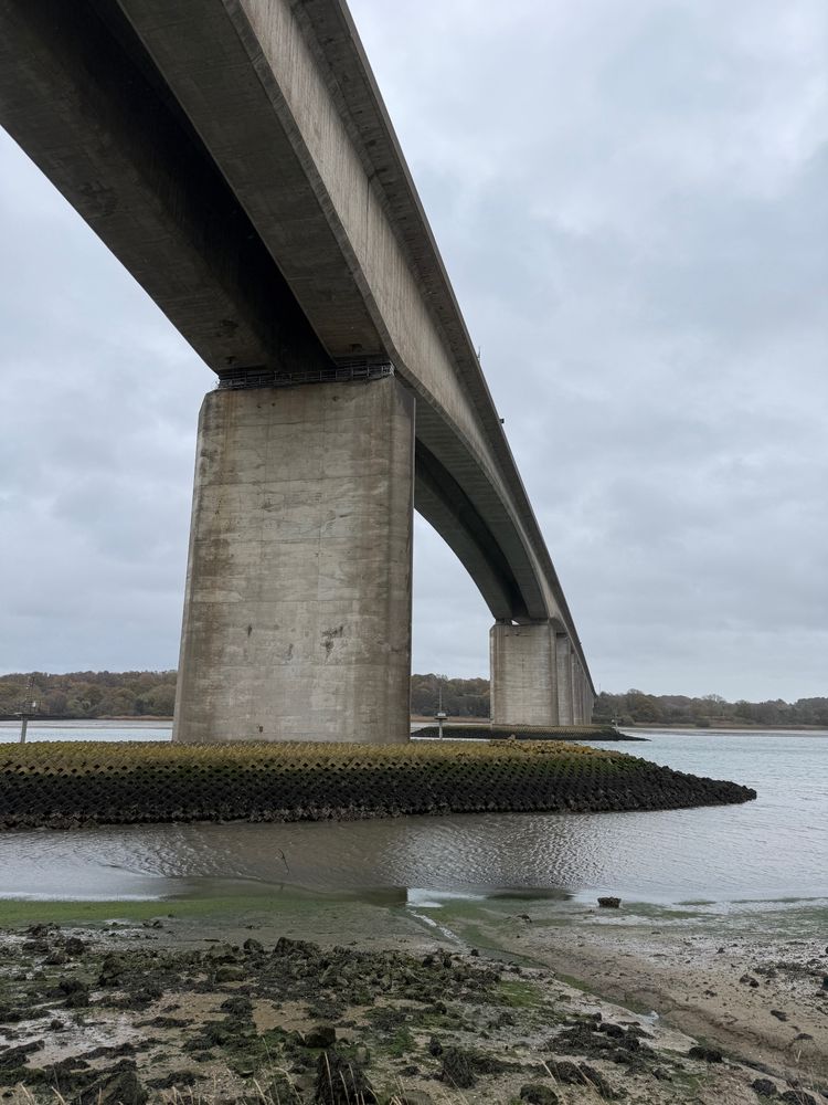 A bridge over wetlands and river with a cloudy sky