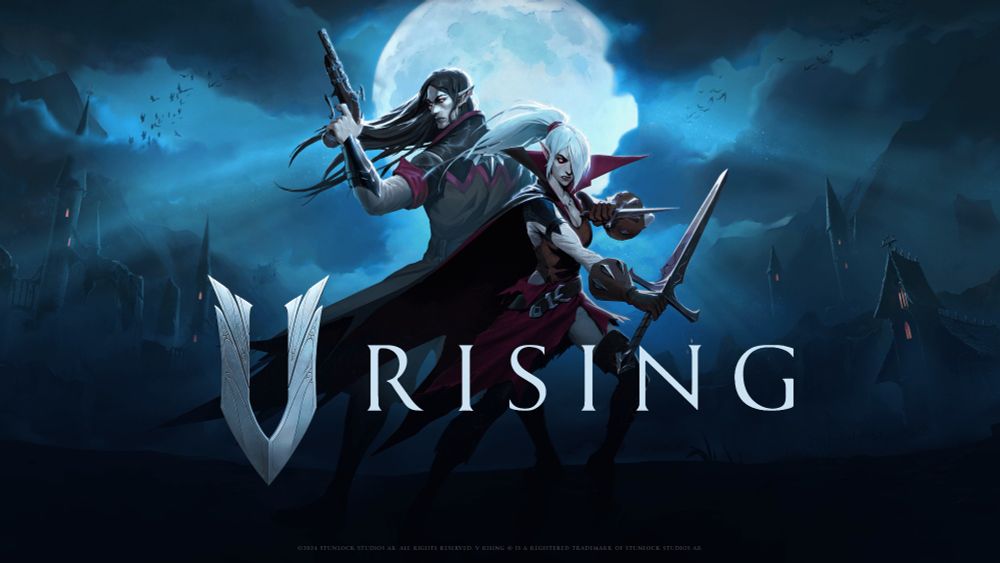 V Rising, with key art of two player vampires posing dramatically in front of the full moon.