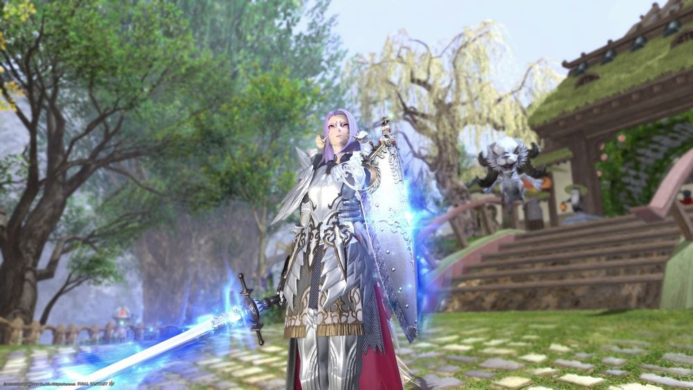 aura paladin with blue glow sword and shield