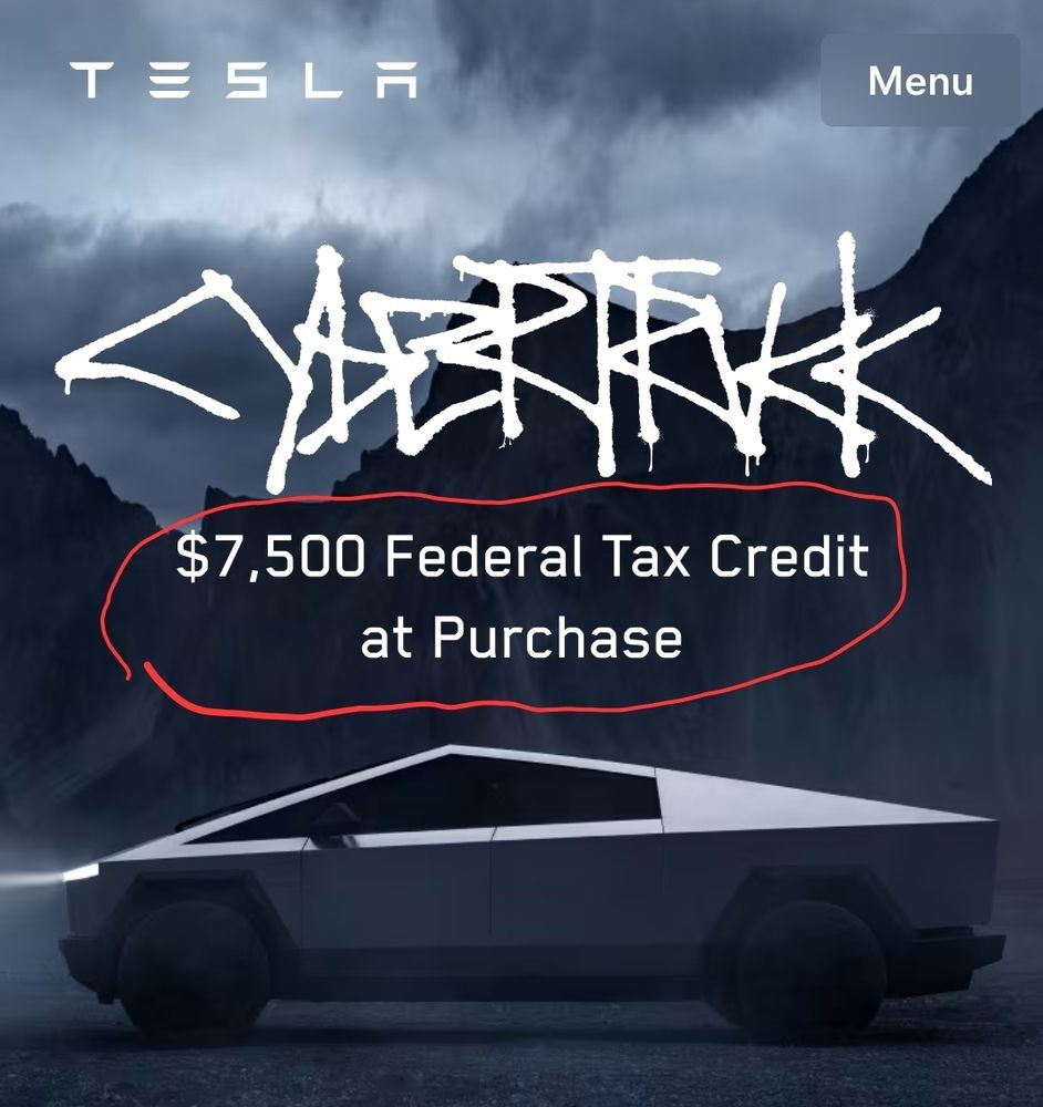 Tesla Swasticar ad that says, "$7,500 Federal Tax Credit at Purchase."