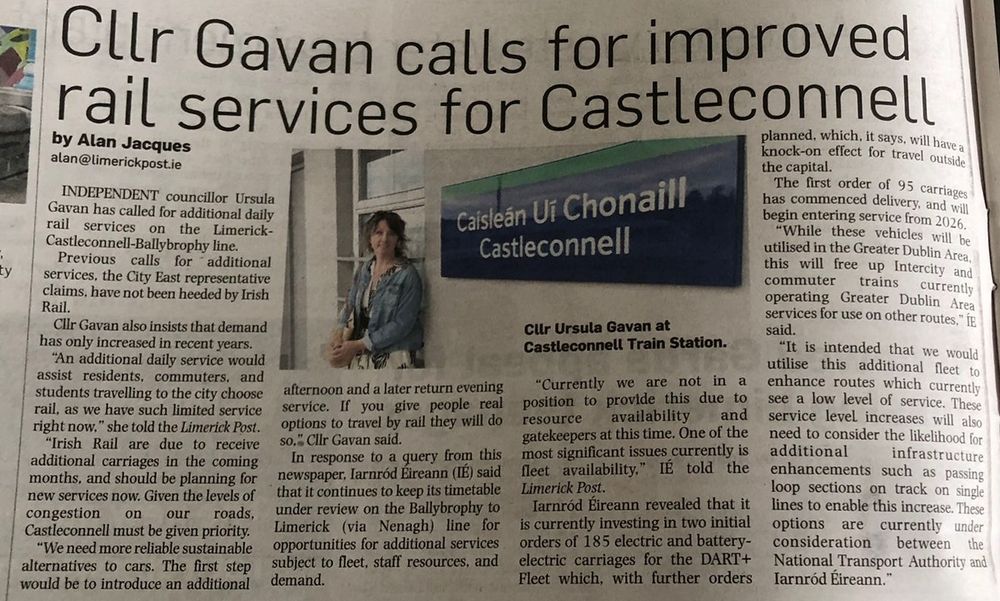 Cllr Gavan calls for improved rail services for Castleconnell - Limerick Post August 2025