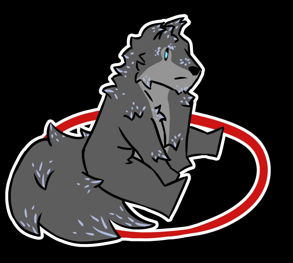 A small anthropomorphic chibi wolf sitting with his hands between his legs looking down angrily. He sits inside a red circle, his tail is too big to fit inside