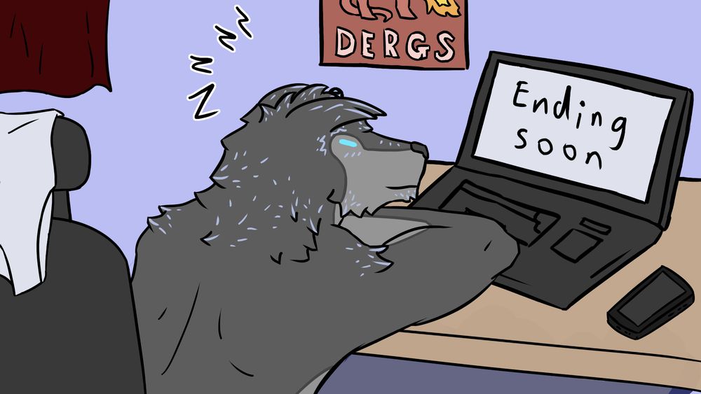 Dust asleep at his desk. His vest is tossed over the back of his chair