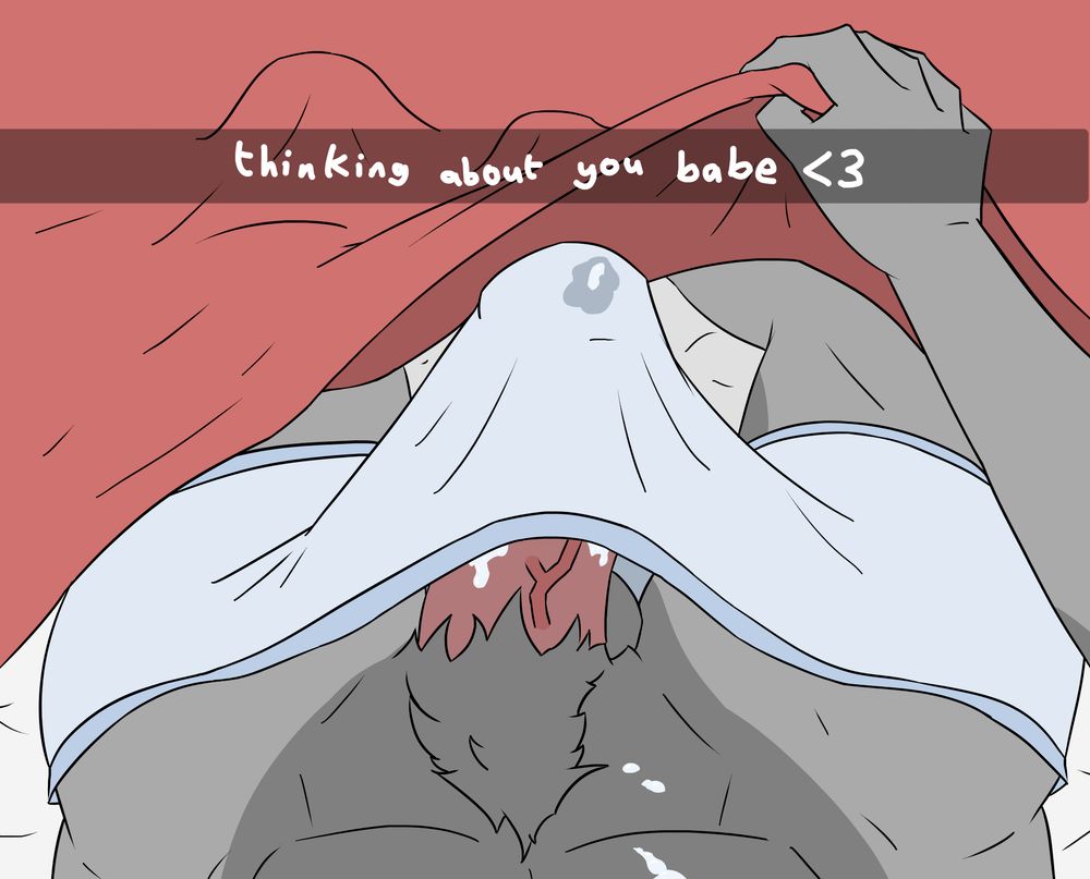 A gray canine man of some sort with a darker belly lift his red blanket, revealing his penis pushing up his boxers. Cum leaks through the fabric and down his cock, as well as being spilled on his abdomen, implying a recent orgasm. A text caption on the picture reads "thinking about you babe <3"