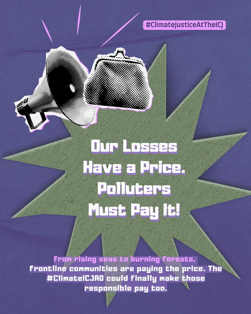 Purple background with a loud hailer and a purse in grey. White text in a green star shape.

Our losses have a price. Polluters must pay it! From rising seas to burning forests, frontline communities are paying the price. The ICJ Advisory Opinion could finally make those responsible pay too. 