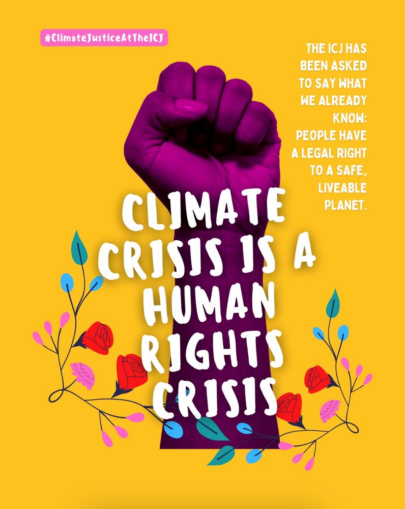 Yellow background with a raised fist in purple, surrounded by blue, pink and red flowers.

Climate crisis is a human rights crisis.
The ICJ has been asked to say what we already know: people have a legal right to a safe, liveable planet. 

