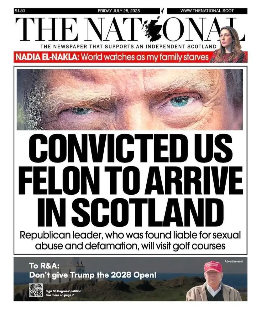 Newspaper headline reading, “CONVICTED US FELON TO ARRIVE IN SCOTLAND
Republican leader, who was found liable for sexual abuse and defamation, will visit golf courses”
