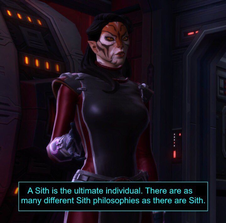A feline alien woman wearing a black and red uniform looks askance at the camera. Below her a text box rewards “a Sith is the ultimate individual . There are as many different Sith philosophies as there are Sith.”