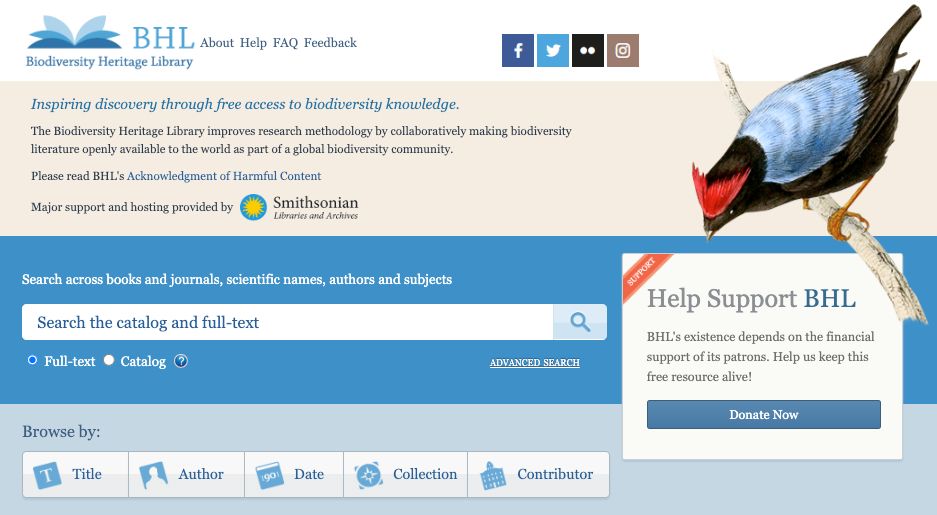 A screenshot of the Biodiversity Heritage Library (BHL) website homepage