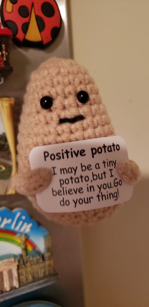 A crotchet potato, held by a magnet to a magnet board, holding a sign that reads "POSITIVE POTATO: I may be a tiny potato, but I believe in you. Go do your thing!"