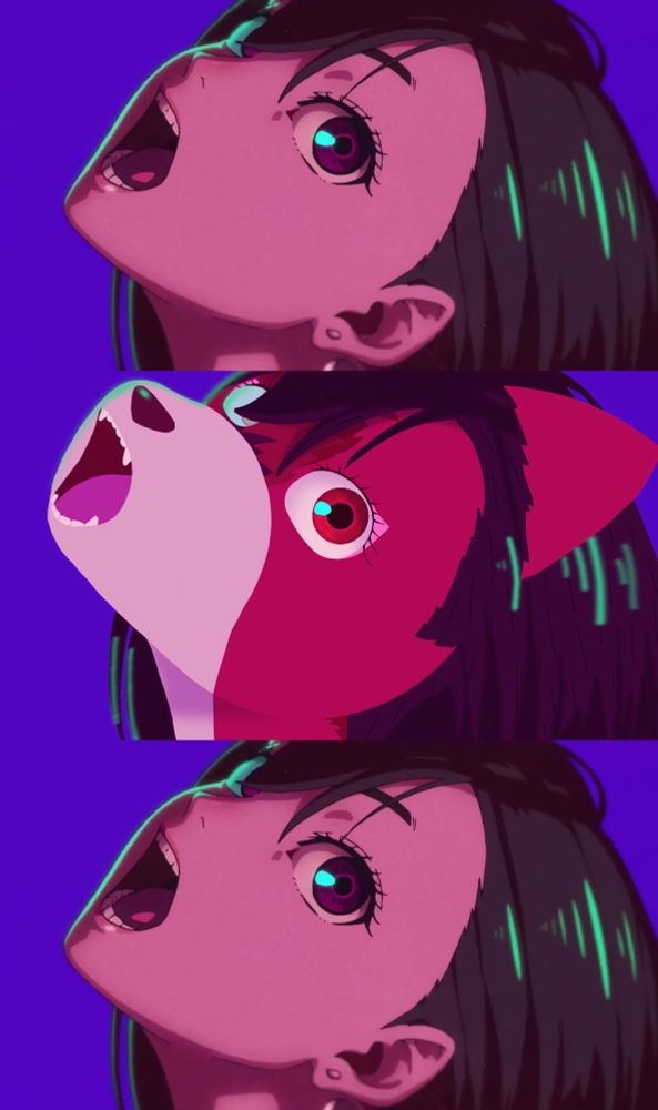 Mary com cabeça pra cima e boca aberta olhando pro lado imitando pose de Ayase