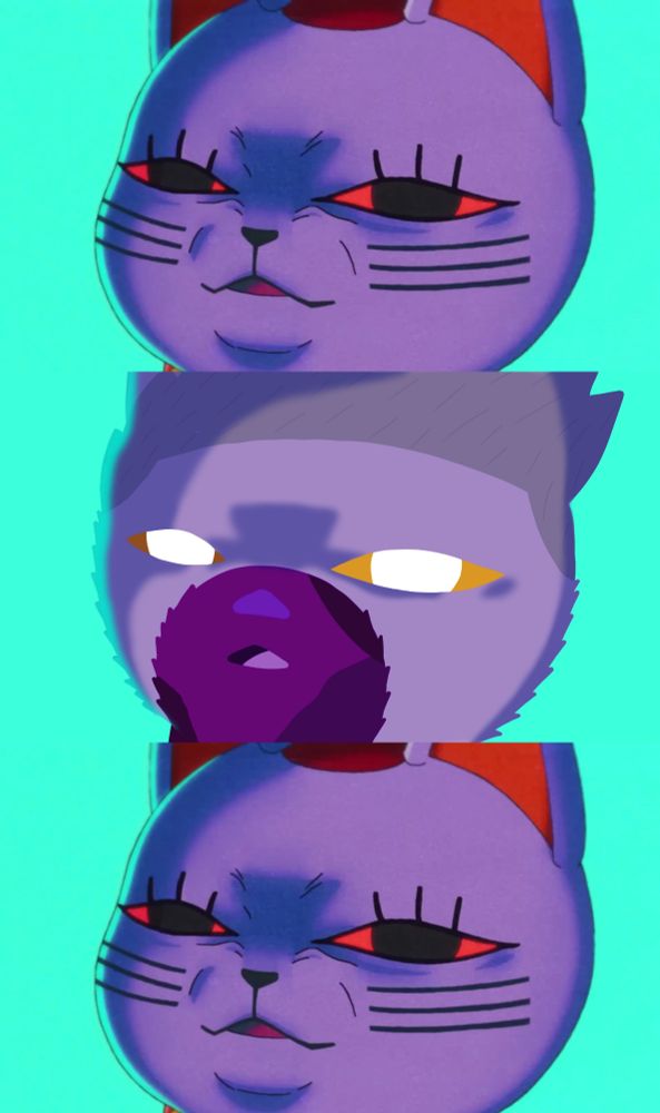Zinloos olhando pra frente com olhos serrilhados imitando pose de velha turbo