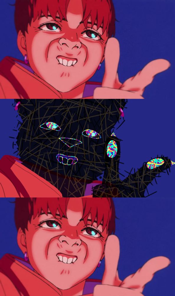 Necro fazendo careta e apontando pra frente imitando pose de Jiji