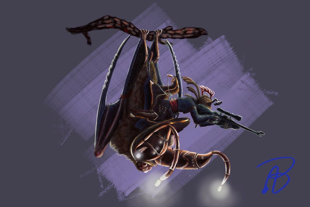 A bat cyborg creature hangs from a branch carrying his rider the wandering with his trained aim on a target