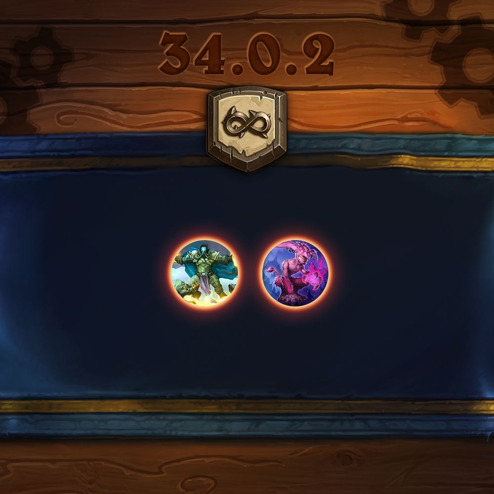 Hearthstone Wild patch 34.0.2 balance teaser. A golden crown emblem appears at the top. To the right are nerfed cards (Holy Wrath, Malchezaar's Imp). There are no buffed cards.
