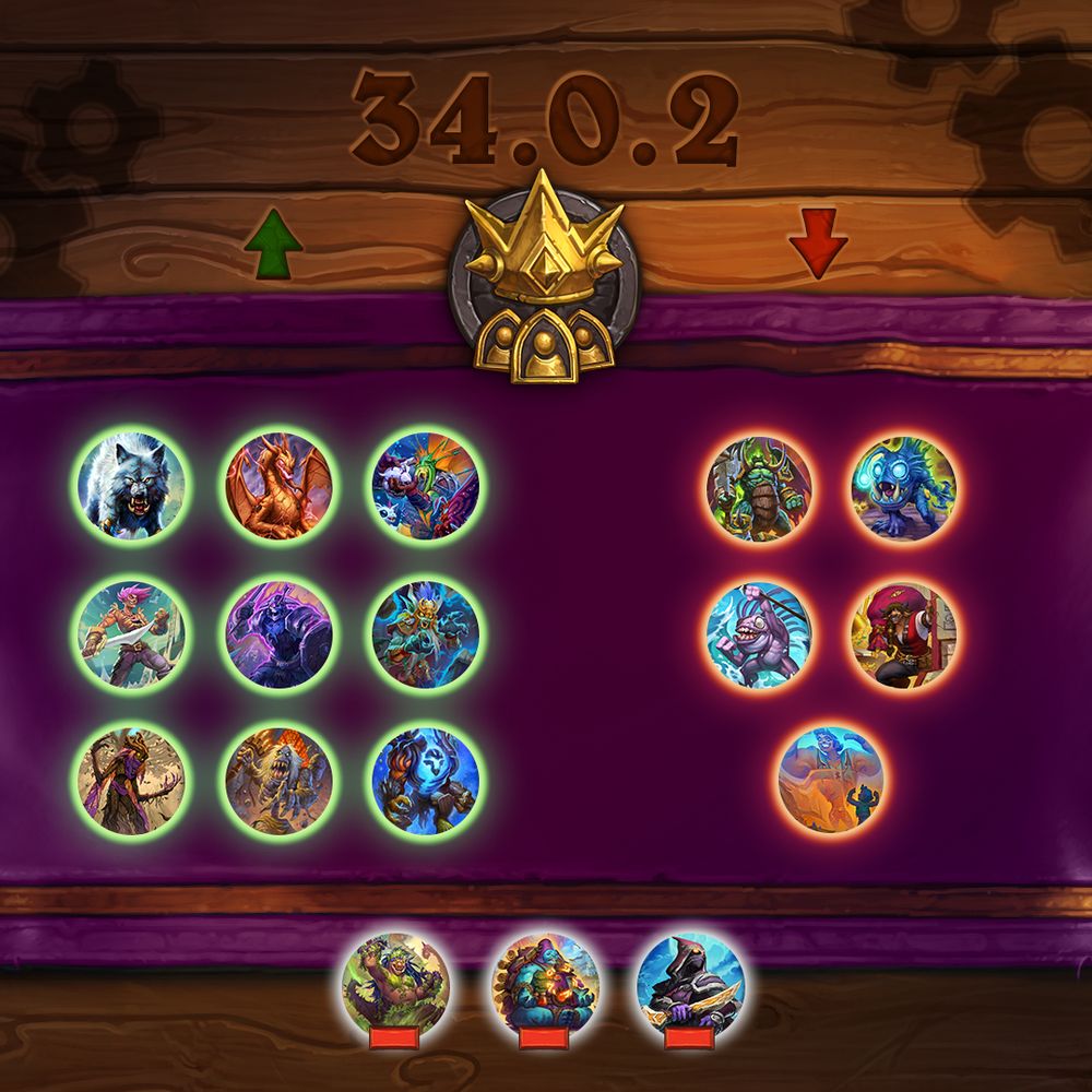 Hearthstone Battlegrounds patch 34.0.2 balance teaser. A golden crown emblem appears at the top. To the right are buffed cards (Oranomonos, the Wilted, Peggy Sturdybone, Eternal Knight, Noisul of the Many Faces, Carapace Raiser, Catacomb Crasher, Fire-forged Evoker, Fauna Whisperer, Goldrinn, the Great Wolf). To the right are nerfed cards (Coldlight Diver, Lost City Looter, Young Murk-Eye, Lord of Ruins, Azerite Empowerment). To the bottom are removed cards (Cultist S'Thara, Transmuted Bramblewitch, All-Seeing Elder).