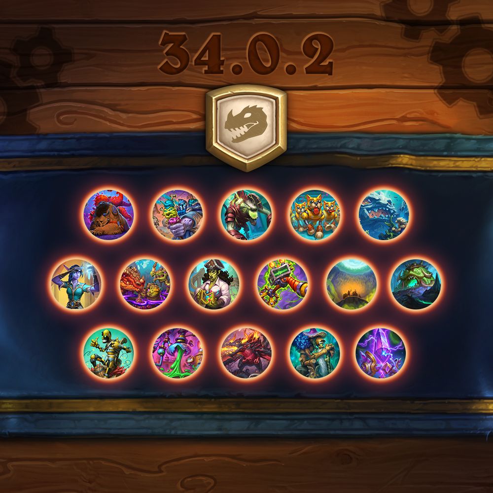 Hearthstone Standard patch 34.0.2 balance teaser. To the right are nerfed cards (Fyrakk the Blazing, Ancient of Yore, Arkonite Defense Crystal, Dive the Golakka Depths, Escape the Underfel, Ultralisk Cavern, Sparkling Phial, Corpsicle, Sanguine Infestation, Sandbox Scoundrel, Metal Detector, Resuscitate, Testing Dummy, Chemical Spill, R.C. Rampage, Battlefiend). There are no buffed cards.