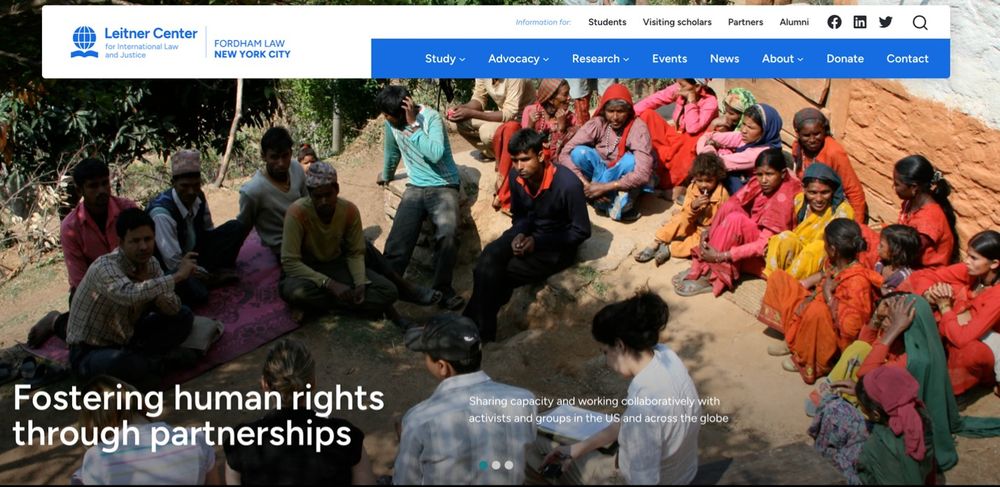 Leitner Center homepage screenshot depicting students conducting fieldwork in Nepal in the main image, along with the menu from the new website (including sections for study, advocacy, research, events, news, about, donate, and contact).
