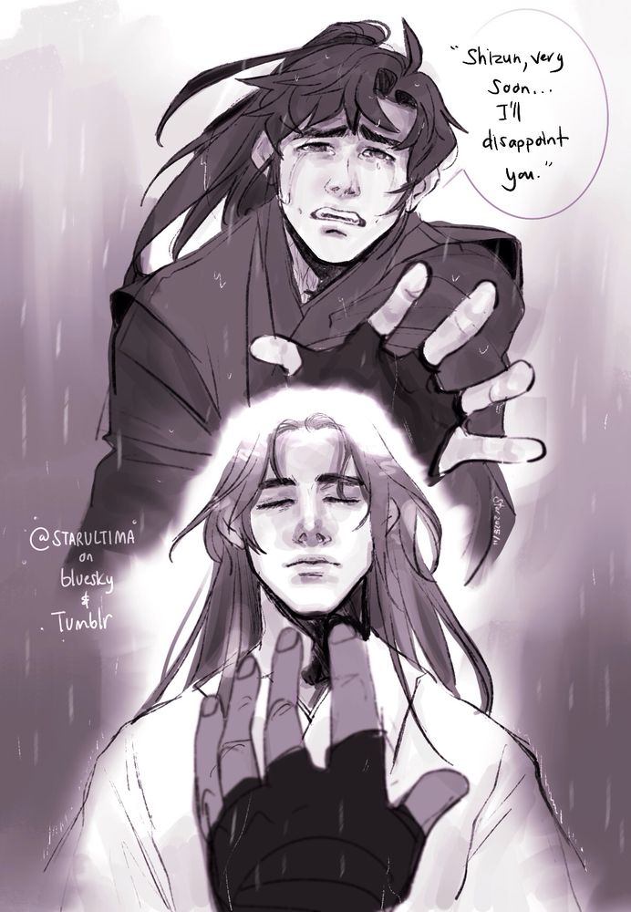 Young Mo Ran reaches out to Chu Wanning with tears in his eyes and the text “shizun very soon I’ll disappoint you” is what he’s saying out loud. 

Chu wanning is shown with his eyes closed unaware of Mo Rans hand (close up) reaching out to him. 