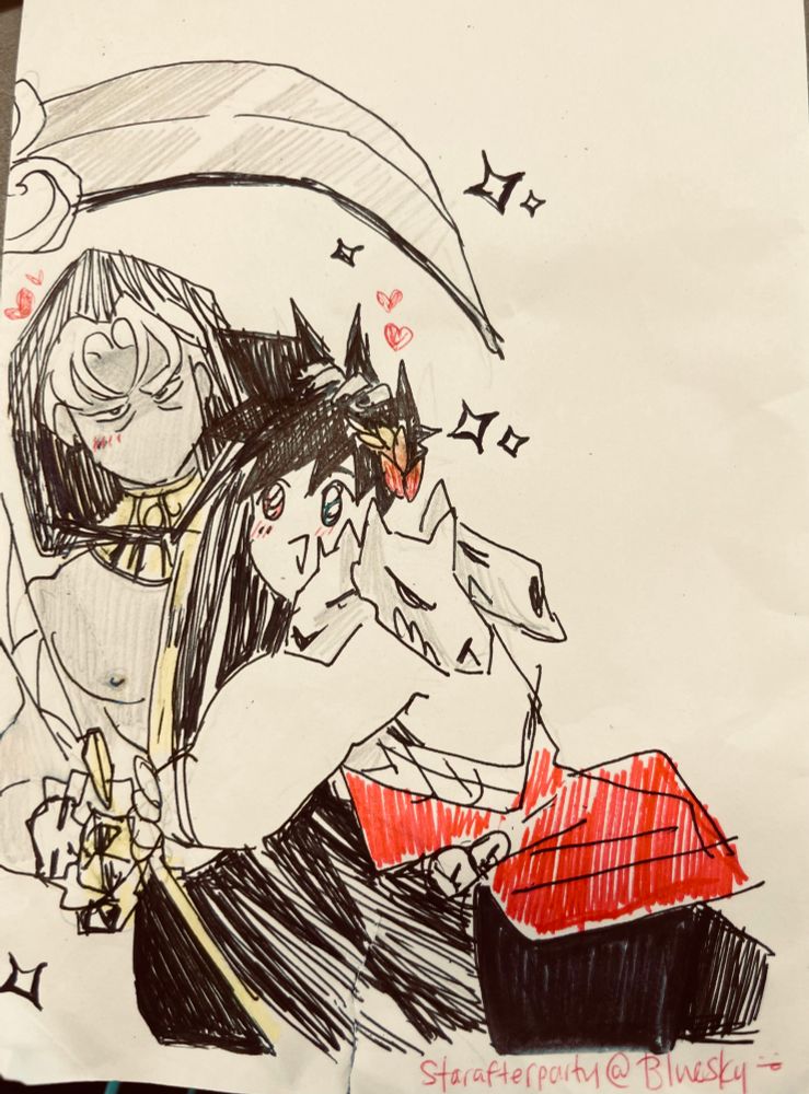 Thanatos is standing looking grumpy while Zag hugs him tight with super sparkly big anime eyes bc he loves him so much 