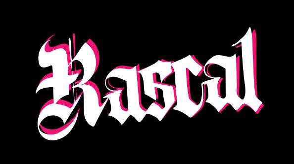The rascal logo (a DIY, punky old school renaissance style typelogo) in pink and white on a black background