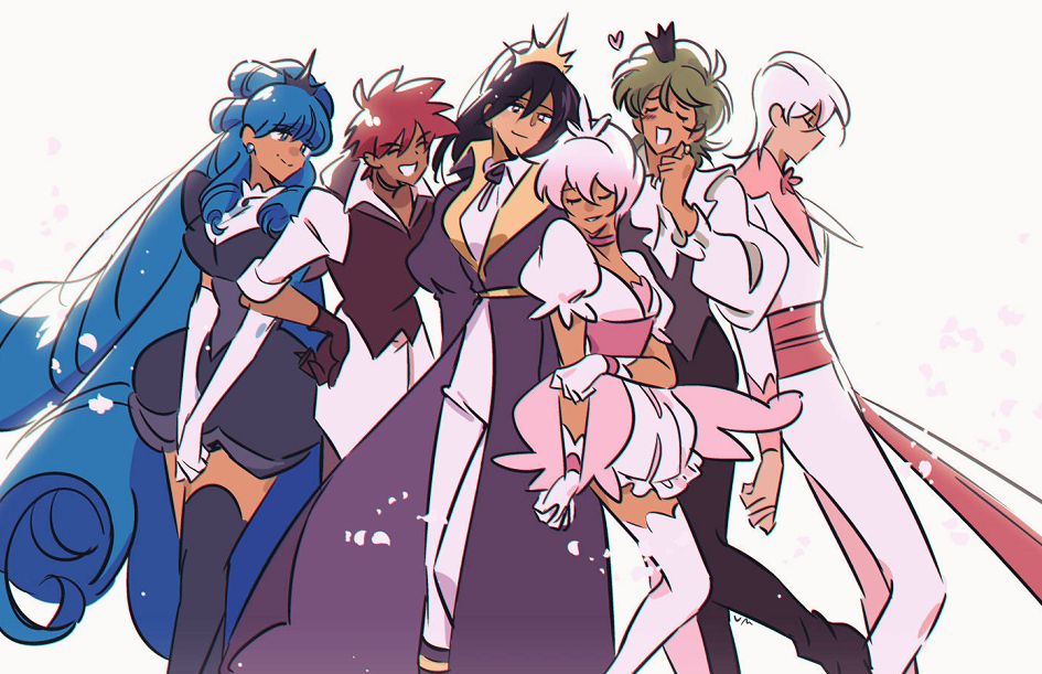 group sketch of the goodbye battle princess peony cast (l-r: lovelace, nightsky, silkrose, peony, moonshine, dianthus)