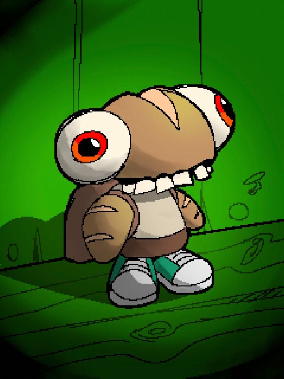 The character breadhead from the gaslight district as a small bread bun child with a small backpack. green wood background.