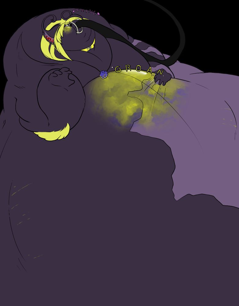a black gyiyg/geeg/gieeg/giegue-like creature is at a massive size, her belly expanding clearly offscreen. she has a hose pumping something into her mouth which is locked into place with a muzzle. she is squirming and whining happily, but her stomach is groaning as it reaches capacity, a gold blush appearing at the top of it.