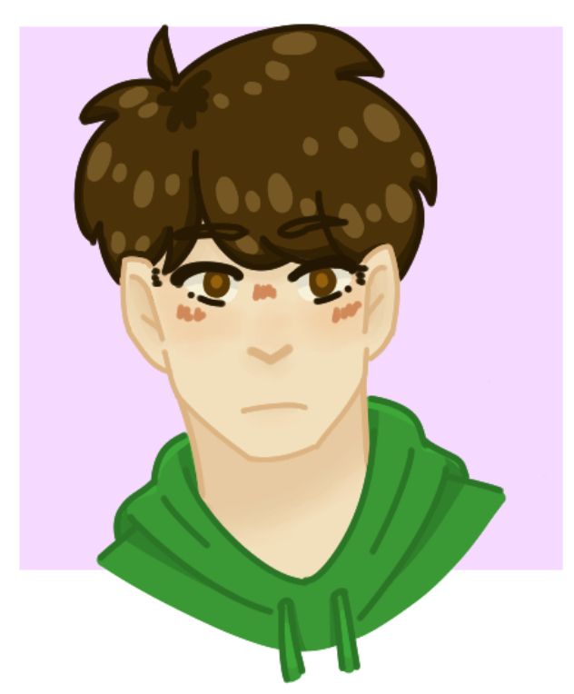 A simple drawing of a young man with fluffy brown hair and a green sweatshirt on a light purple background