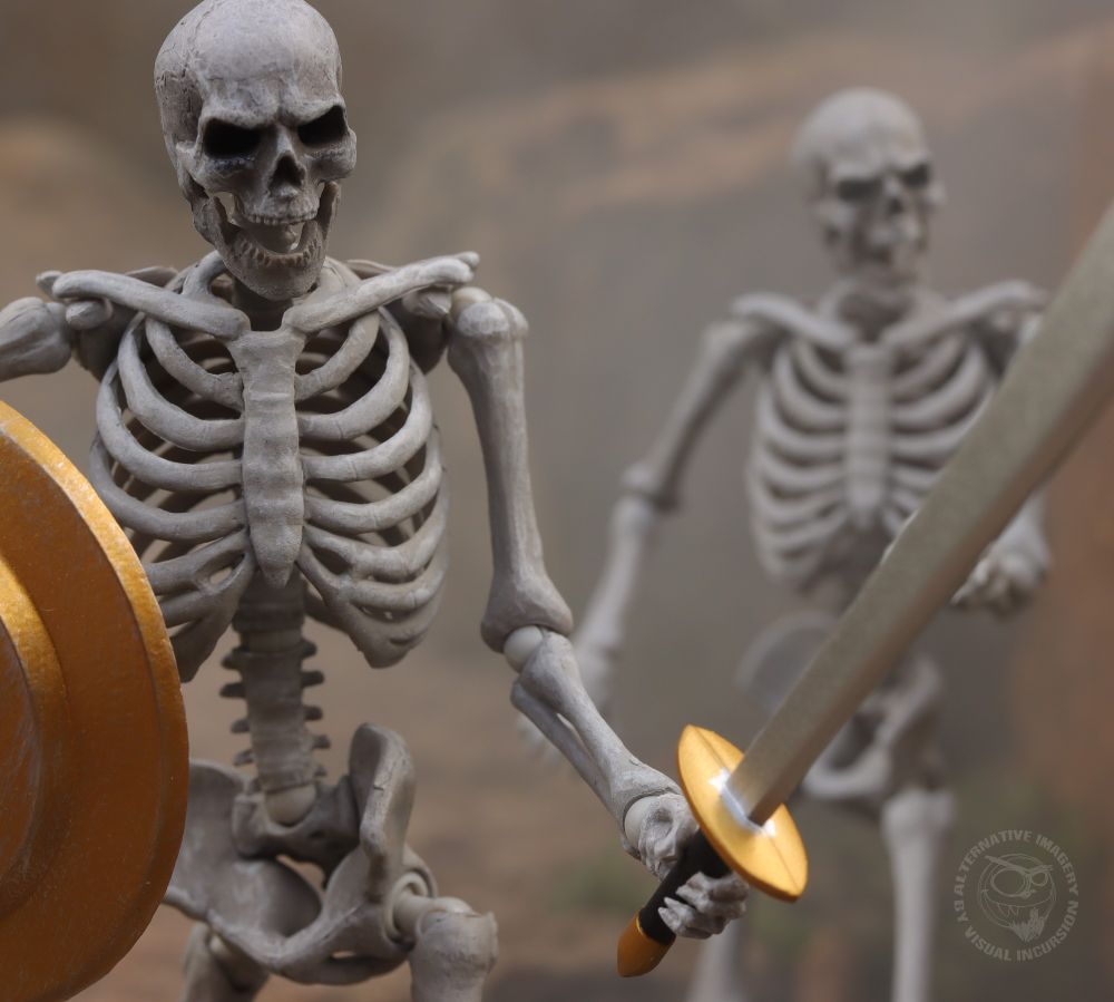 2 skeleton warriors with swords and shields are attacking. The battle scene is smoke filled. 
