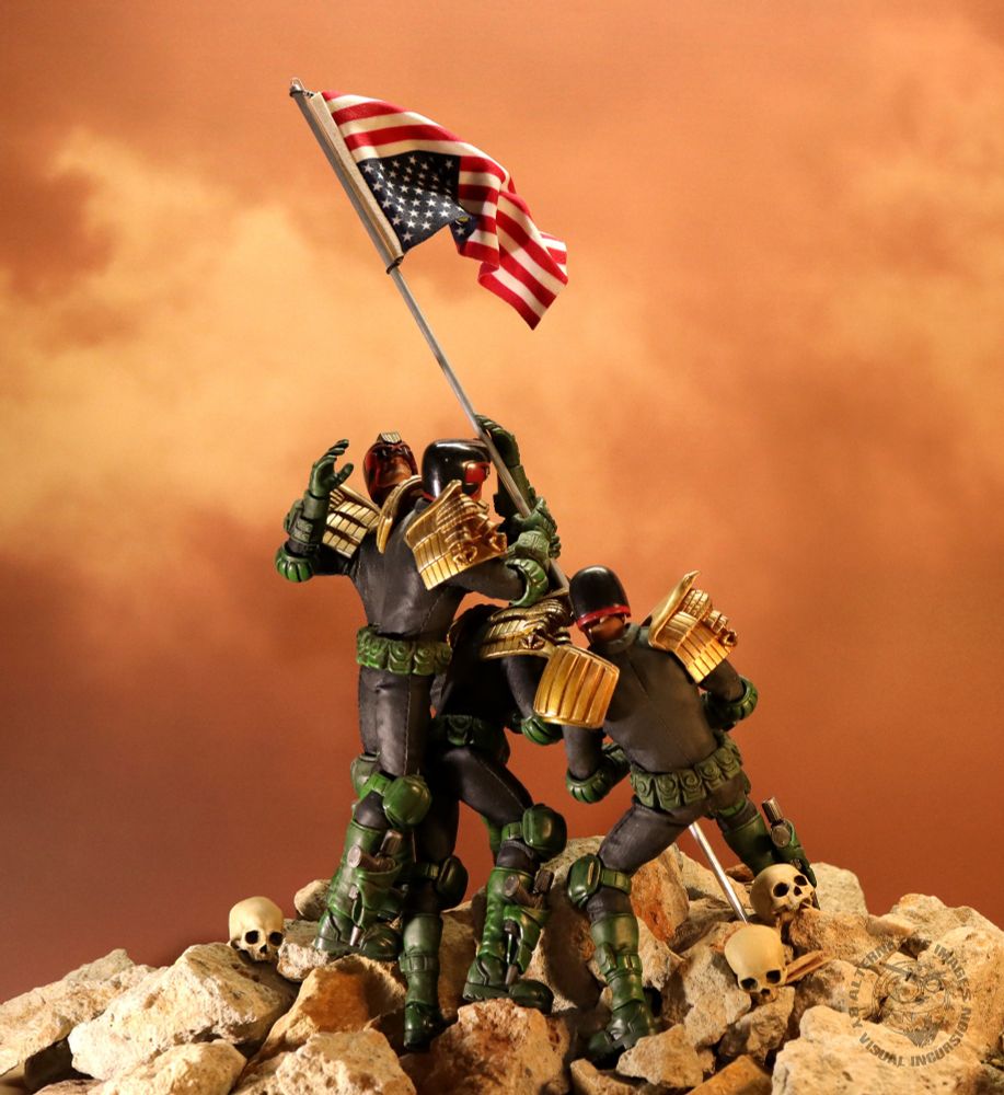 Judge Dredd and Mega City One Judges raising the inverted American flag. Depicting a copy of the iconic flag raising picture from World War Two of American Marines on Iwo Jima. 