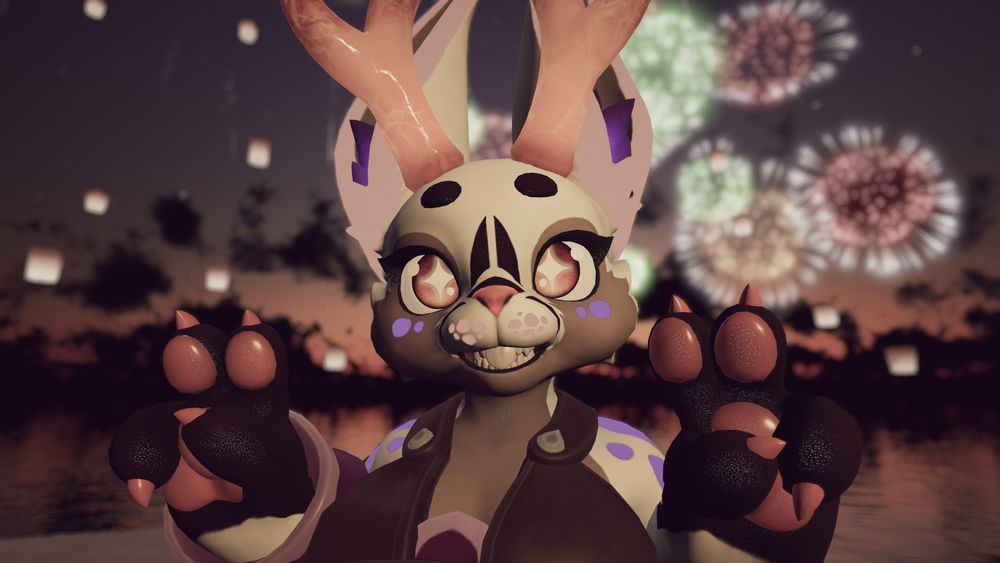 VRChat photo of me in my Verbunny avatar smiling to the camera with fireworks and floating lanterns in the background