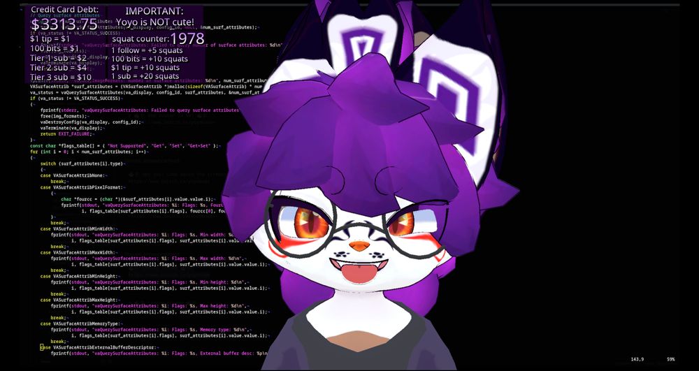 Screenshot showing my Amriot vtuber avatar with some source code in the background
